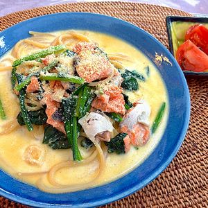 851739の作ってみた!投稿(鮭とほうれん草のクリームパスタ)