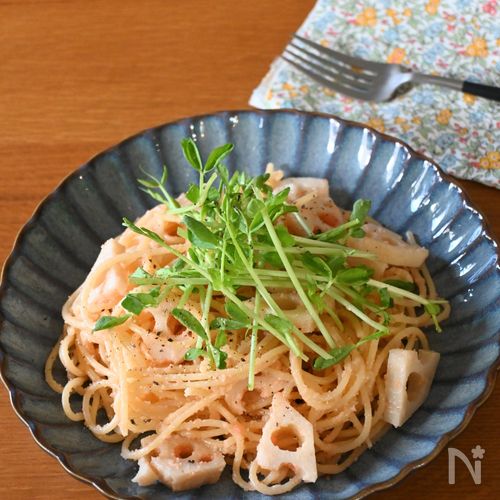 シャキッと美味しい!れんこん入り明太パスタ