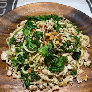 楽ラク手抜キッチン🐶🐾の作ってみた!投稿(挽き肉とわさび菜のパスタ　ゆず胡椒風味)