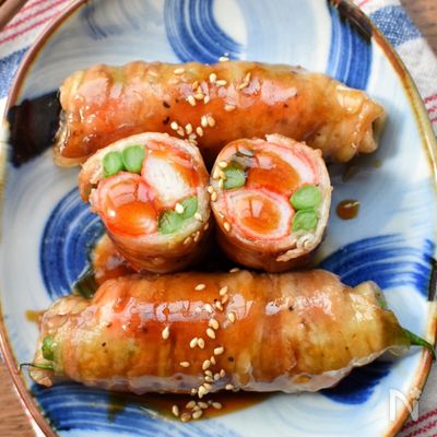 5分de完成♡やみつき旨し♡いんげんとカニカマの豚バラ巻き♡