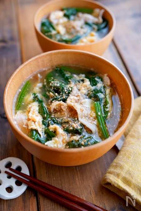 【豚バラとほうれん草の中華風豚汁】すりごま♪ごま油香る♪