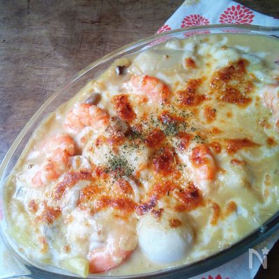 里芋とエビの豆乳味噌グラタン