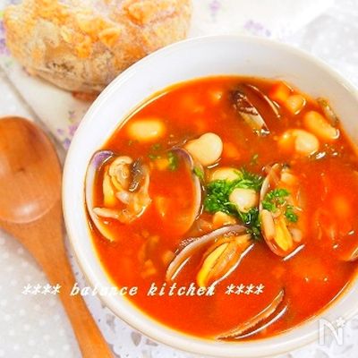 時短!食べるスープ　アサリとキノコのミネストローネ風
