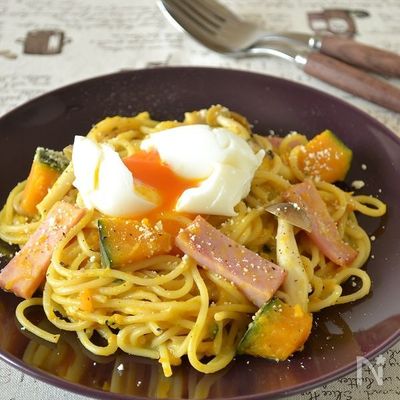 かぼちゃの和風カルボナーラ風パスタ