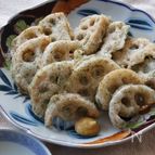 『れんこんの磯辺揚げ』からし醤油でいただく。簡単おいしい！