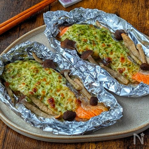 【塩鮭のバジルチーズホイル焼き】焼くだけ簡単♡