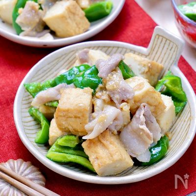 かさまし時短おかず♡『豚肉と厚揚げとピーマンの味噌炒め』