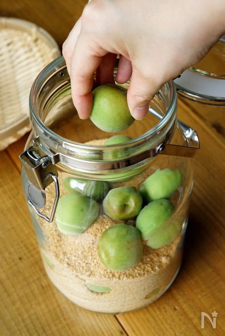 保存瓶に青梅と砂糖を入れる