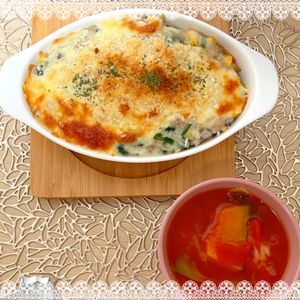 にゃ〜むずの作ってみた!投稿(１０分で☆『ほうれん草とコーンのクリームミートドリア』)