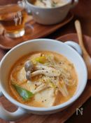 厚揚げときのこの豆乳チゲスープ
