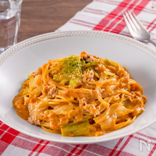 ツナとキャベツのトマトクリームパスタ