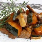 ホクホクかぼちゃと豚肉、キノコのソテー、バルサミコソース