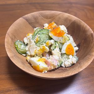 こむぎの作ってみた!投稿(まるでポテサラ！高たんぱく♡ほうれん草と卵のおからサラダ)