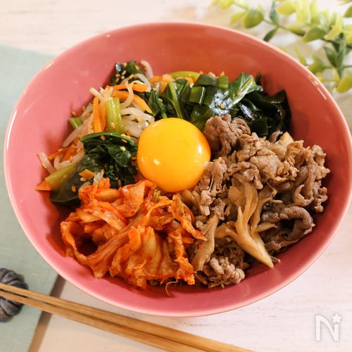 ◆腸活ビビンバ丼◆牛こま肉を舞茸で柔らかく♪