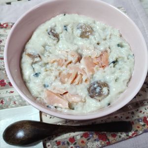 M＊Pの作ってみた!投稿(【お茶漬けのもとで】鮭とキノコのオートミールミルクリゾット)