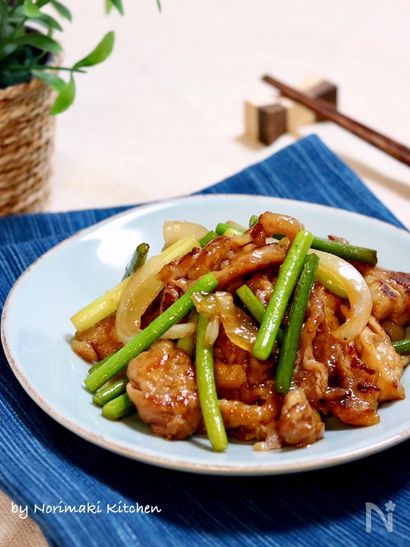 豚肉とにんにくの芽のオイスター炒め