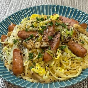 楽ラク手抜キッチン🐶🐾の作ってみた!投稿(【白菜とウインナーの豆乳クリームパスタ】たっぷり野菜を摂れる)