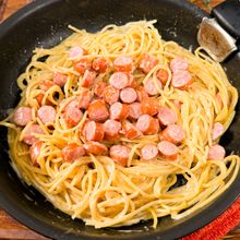 ワンパンで和風ソセジマヨわさびパスタ