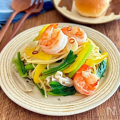 エビとたっぷり野菜のペペロンチーノ【ワンポット】