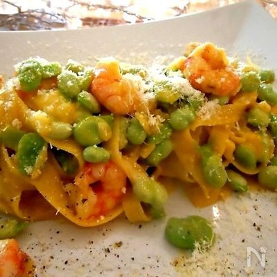 春色パスタ～そら豆とエビのカルボナーラ風