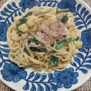 よっこの作ってみた!投稿(ほうれん草とじゃがいもの豆乳クリームパスタ)