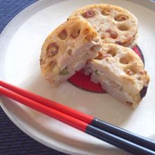 レンコンのチーズ入り豆腐はさみ焼き