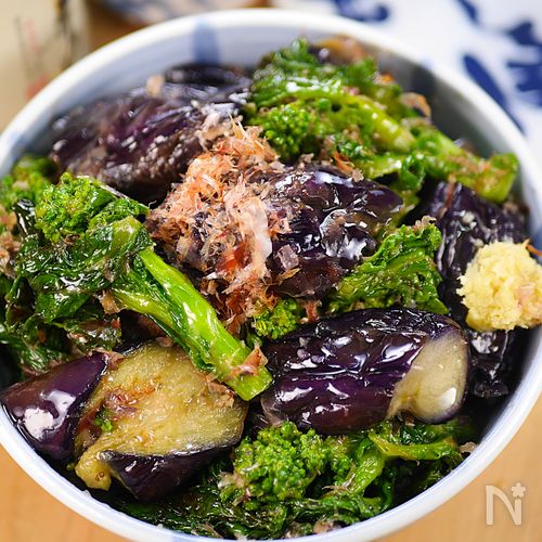 菜の花のおいしい食べ方😋なすと菜花の生姜おかかめんつゆ和え