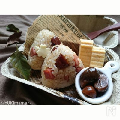 お弁当に〜栗とスパムのめんつゆバターおにぎり〜