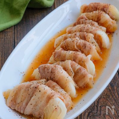 レンジで簡単！豚巻き新玉ねぎのさっぱり蒸し