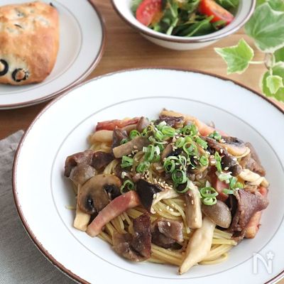カフェ風ランチ♪簡単！牛肉ときのこの和風パスタ