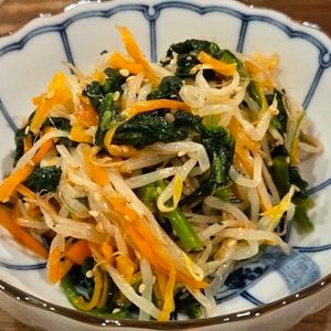 T0517Mの作ってみた!投稿(【ほうれん草と人参ともやしの3色ナムル】レンジで簡単☆)