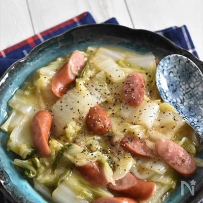 レンジで簡単!白菜とウインナーのバターポン酢レンジ蒸し