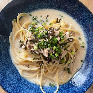 tomの作ってみた!投稿(茹でてから30秒で完成♡ツナと塩昆布の豆乳クリームパスタ)