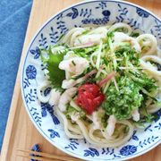 つるんとさっぱり！鶏肉とおくらとキュウリの冷やし梅うどん