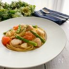 帆立とアスパラガスのペペロンチーノ