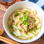 鍋の素でお手軽に﻿♪釜玉風そぼろうどん﻿