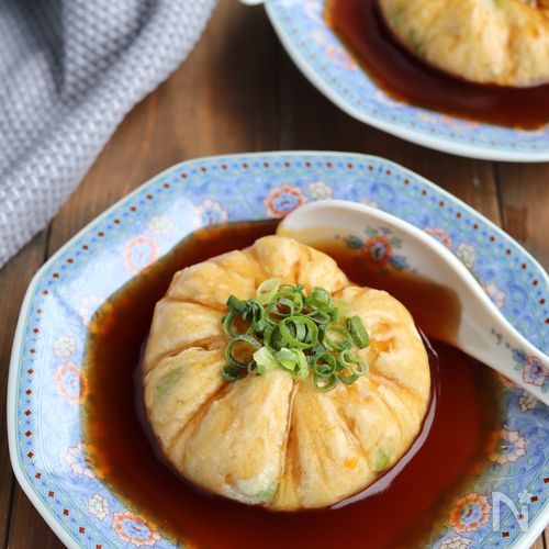 枝豆とコーンの茶巾豆腐あんかけ