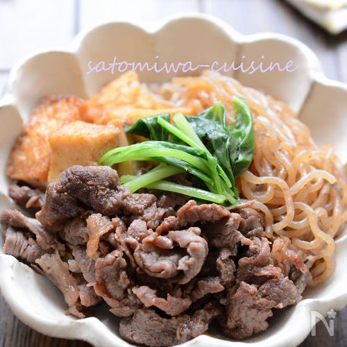 【牛肉と厚揚げと糸こんのすき焼き煮】味しみ糸こんがたっぷり！