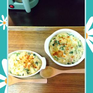 チョロリスの作ってみた!投稿(【ほうれん草とベーコンのお豆腐リゾット】ヘルシー☆グラタン風)