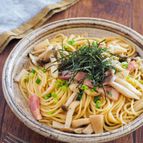 【きのこの和風パスタ】たっぷりきのことベーコン