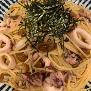 ぐ〜たら子の作ってみた!投稿(なめことイカのわさび醤油風味スパゲッティ)