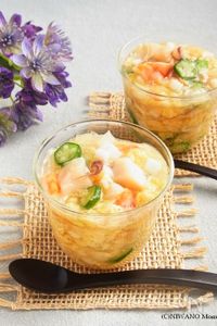 魚介と夏野菜の白だし寒天寄せ