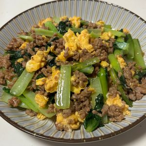 MYHRの作ってみた!投稿(【小松菜とひき肉のとろ卵炒め】#節約 #野菜たっぷり)