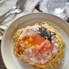 叩いて作る明太子のとろろパスタ