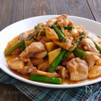 新たけのことアスパラと鶏肉の旨だしオイマヨ炒め