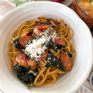 633toの作ってみた!投稿(ワンパン10分！【とろとろ卵とソーセージのパスタ】)