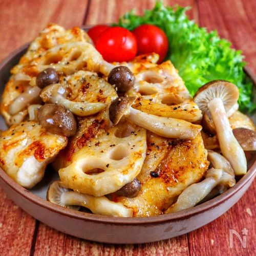 コク旨◎【鶏むねれんこんきのこのオイスターバター炒め】