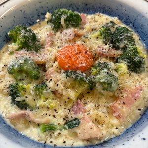 楽ラク手抜キッチン🐶🐾の作ってみた!投稿(【レンジのみ】残りご飯で！豆乳カルボナーラリゾット#夜食にも)