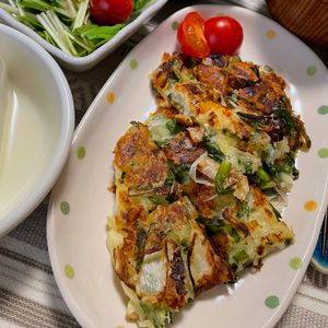 633toの作ってみた!投稿(野菜だけで大満足♪ねぎニラチーズチヂミ)