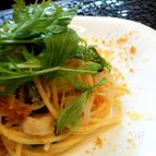イカとホタテと水菜のからすみスパゲッティ